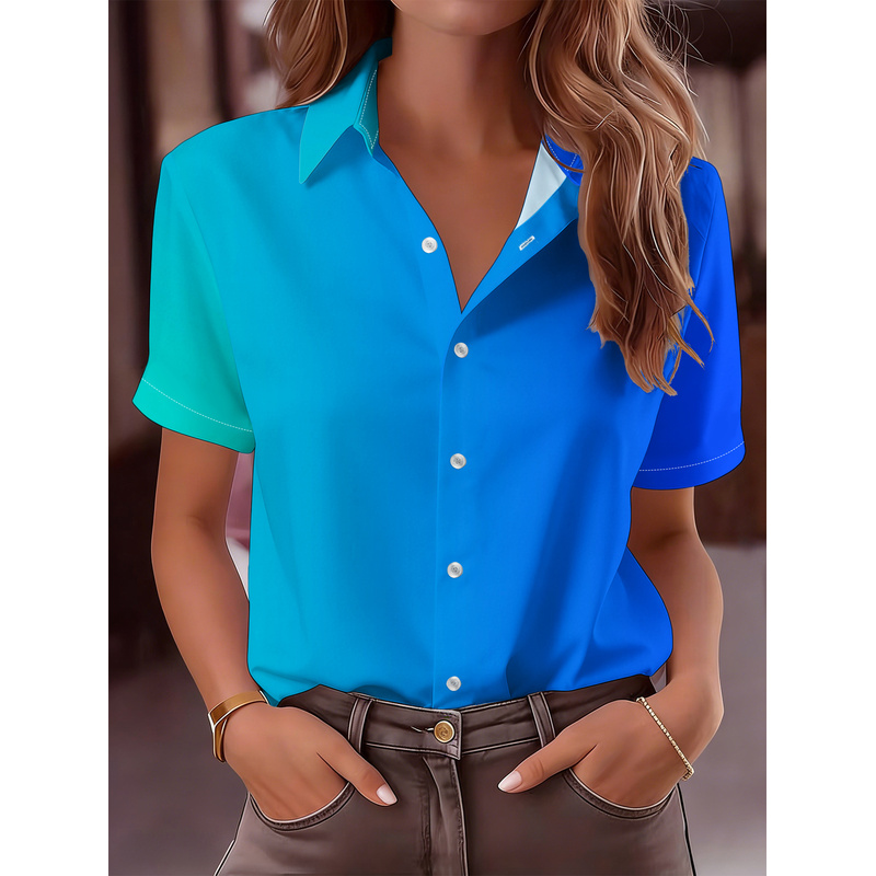 Women Formal Wear Stitching - 여성 캐주얼 반팔 버튼업 셔츠 칼라