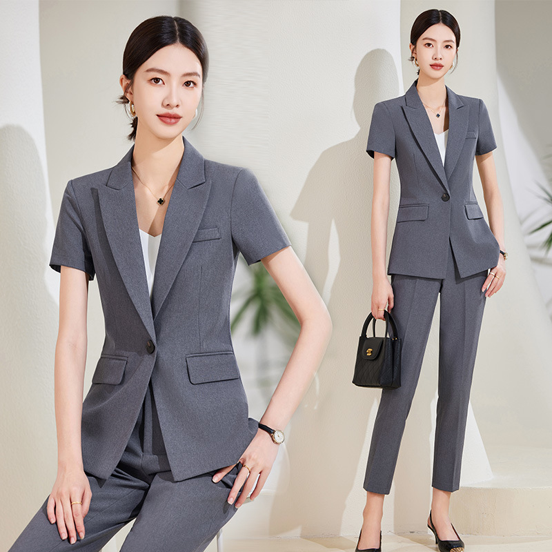 Women Formal Wear Store - 여성용 네이비 블루 반팔 정장 세트,