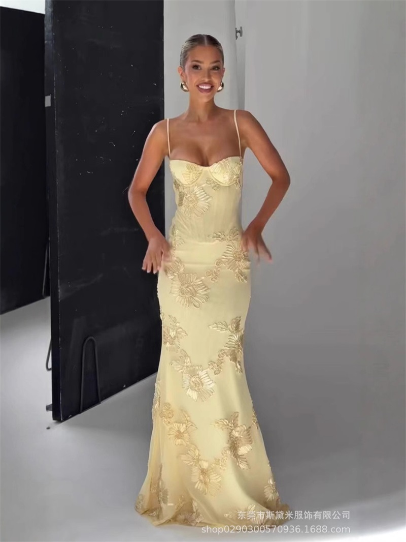 Women'S Holiday Formal Wear - 노란색 자수 여성 프롬 드레스 섹시