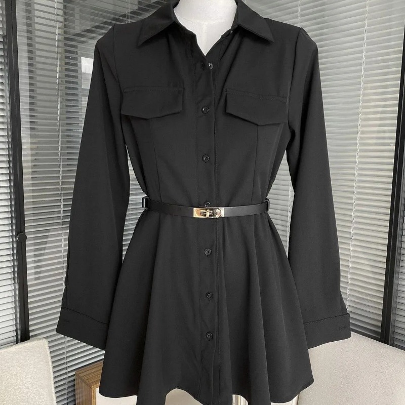 Women Formal Wear Stitching - 여성용 블랙 셔츠 드레스 긴 소매