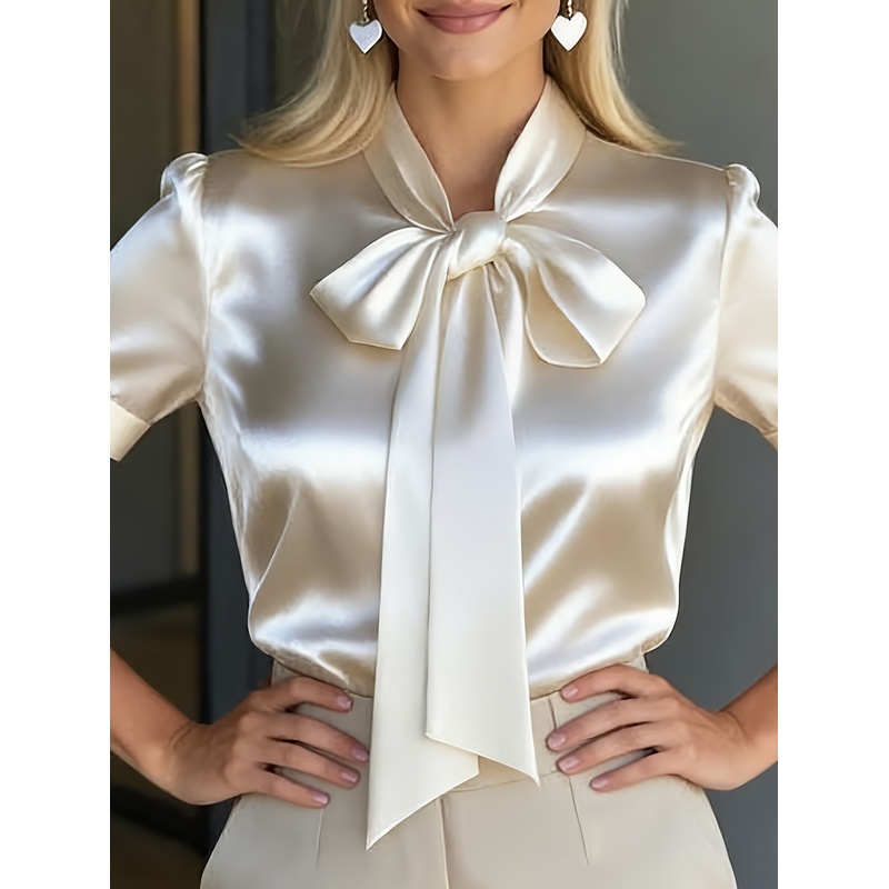 Women Formal Wear Stitching - 여성용 우아한 반소매 셔츠, 리본 타이