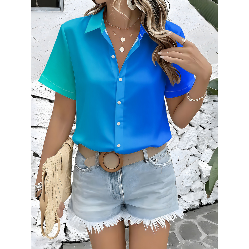 여성 캐주얼 반팔 버튼업 셔츠 칼라 풀 바디 옴브레 그 - Women Formal Wear Stitching 리뷰 및 가격