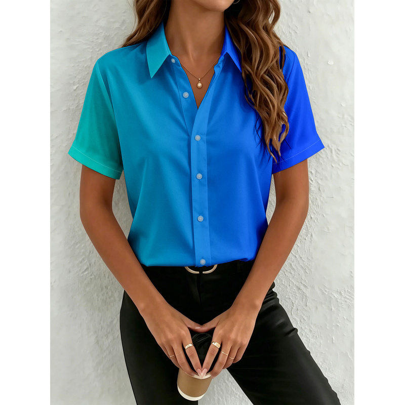 여성 캐주얼 반팔 버튼업 셔츠 칼라 풀 바디 옴브레 그 - Women Formal Wear Stitching 리뷰 및 가격