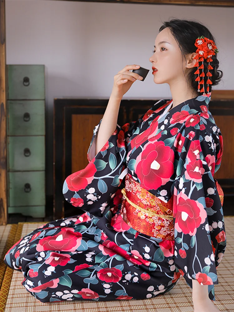빈티지 스타일 여성 플로럴 프린트 롱 드레스 일본 기모 - Women'S Formal Traditional Wear 리뷰 및 가격