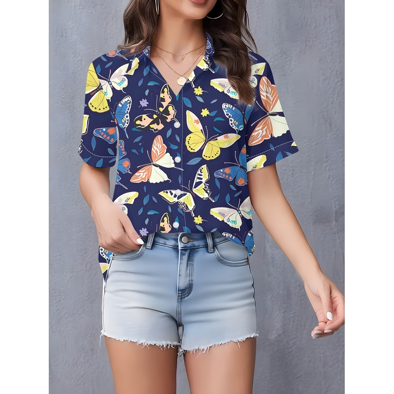 여성용 나비 프린트 풀바디 버튼업 셔츠 라펠 칼라 반팔 - Women Formal Wear Stitching 리뷰 및 가격