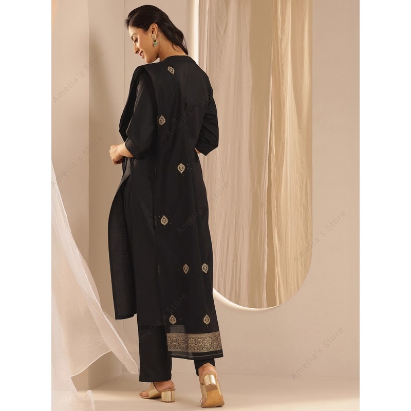 여성용 블랙 자카드 쿠르타 팬츠 두파타 3종 세트, 우 - Women'S Formal Traditional Wear 리뷰 및 가격