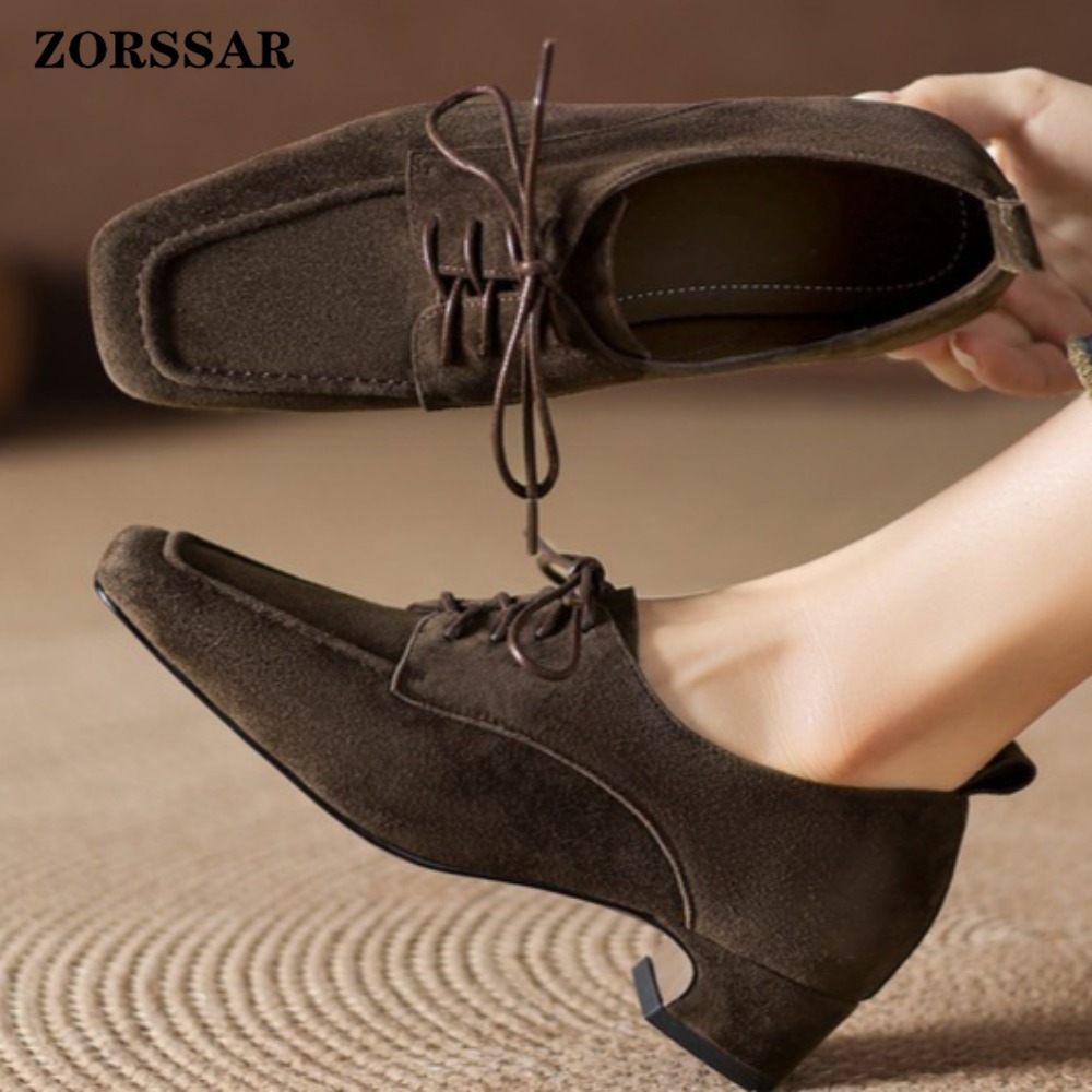 여성용 브라운 스웨이드 스퀘어 토 레이스업 옥스퍼드 슈 - Women Formal Office Wear Shoes 리뷰 및 가격