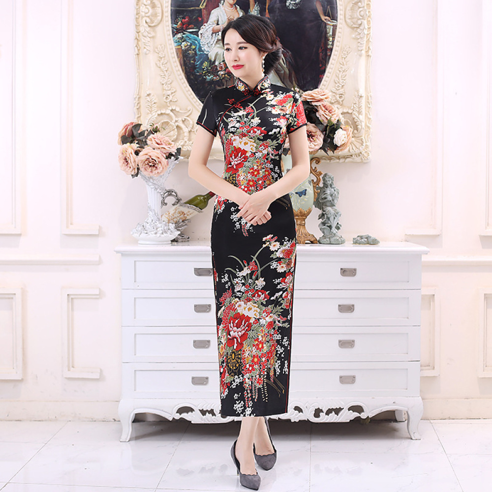 클래식 새틴 치파오 롱 드레스 플로럴 프린팅 여성 우아 - Women'S Formal Traditional Wear 리뷰 및 가격
