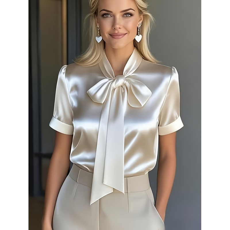 여성용 우아한 반소매 셔츠, 리본 타이 칼라, 단색 새 - Women Formal Wear Stitching 리뷰 및 가격