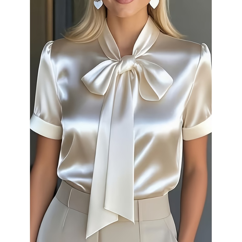 여성용 우아한 반소매 셔츠, 리본 타이 칼라, 단색 새 - Women Formal Wear Stitching 리뷰 및 가격